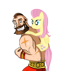 Size: 800x800 | Tagged: safe, artist:cheshiresdesires, imported from derpibooru, fluttershy, human, crossover, piggyback ride, street fighter, zangief