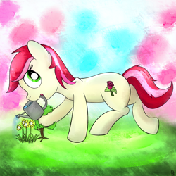 Size: 1000x1000 | Tagged: safe, artist:cheshiresdesires, imported from derpibooru, roseluck, earth pony, pony, female, flower, looking up, mare, solo, watering can