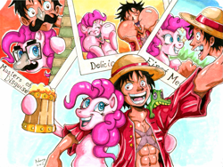 Size: 1125x847 | Tagged: safe, artist:irie-mangastudios, imported from derpibooru, gummy, pinkie pie, cider, crossover, disguise, grin, hat, monkey d luffy, monkey d. luffy, mug, one piece, photo, scar, smiling, traditional art