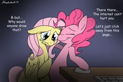 Size: 1080x720 | Tagged: safe, artist:strebiskunk, imported from derpibooru, fluttershy, pinkie pie, comforting, comic, comic sans, computer, crying, dialogue, internet