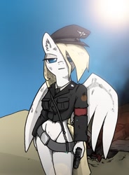 Size: 1280x1739 | Tagged: safe, artist:the-wag, imported from derpibooru, oc, oc only, anthro, pegasus, anthro oc, bottomless, clothes, gun, hair over one eye, nazi, solo, uniform, weapon