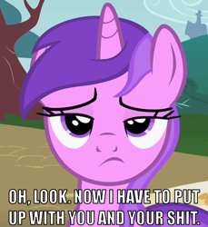 Size: 550x600 | Tagged: safe, edit, edited screencap, imported from derpibooru, screencap, amethyst star, mare do well, sparkler, pony, the mysterious mare do well, annoyed, caption, cropped, female, image macro, reaction image, solo, vulgar