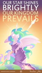 Size: 2240x3900 | Tagged: safe, artist:equestria-prevails, imported from derpibooru, princess celestia, alicorn, pony, female, glowing, glowing eyes, horn, poster, propaganda, solo, spear, weapon, wings