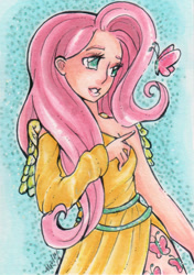 Size: 423x600 | Tagged: safe, artist:nickyflamingo, imported from derpibooru, fluttershy, butterfly, human, humanized, traditional art, winged humanization