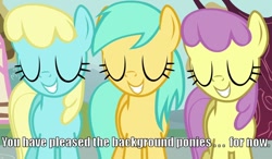 Size: 900x525 | Tagged: safe, edit, edited screencap, imported from derpibooru, screencap, parasol, sassaflash, sunshower raindrops, a friend in deed, background pony, caption, image macro, reaction image, smile song, smiling