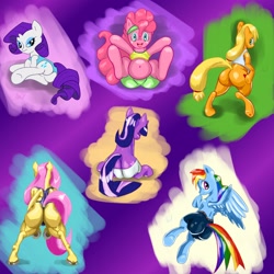 Size: 3000x3000 | Tagged: safe, artist:mr.v, imported from derpibooru, applejack, fluttershy, pinkie pie, rainbow dash, rarity, twilight sparkle, earth pony, pegasus, pony, unicorn, belly, belly button, bottomless, butt, buttcrack, clothes, fat, female, hooves, mane six, mane six plots, mare, muscles, muscleshy, plot, shorts, tanktop, workout outfit