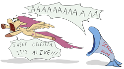 Size: 2624x1472 | Tagged: safe, artist:colossalstinker, imported from derpibooru, fluttershy, leaping, looking back, scared, screaming, simple background, speech bubble, spread wings, tex avery, transparent background