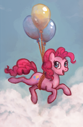 Size: 783x1197 | Tagged: dead source, safe, artist:fjording, imported from derpibooru, pinkie pie, earth pony, pony, balloon, cloud, female, flying, happy, mare, solo, then watch her balloons lift her up to the sky