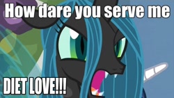 Size: 638x360 | Tagged: safe, edit, edited screencap, imported from derpibooru, screencap, queen chrysalis, shining armor, changeling, changeling queen, a canterlot wedding, caption, diet, female, image macro, love, meme