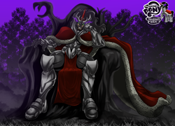 Size: 2222x1600 | Tagged: safe, artist:mauroz, imported from derpibooru, king sombra, human, grin, humanized, looking at you, male, my little pony logo, shadow, sitting, smiling, solo, sombra eyes, throne, throne slouch