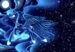 Size: 3756x2612 | Tagged: dead source, safe, artist:rebecka-chan, imported from derpibooru, princess luna, alicorn, pony, cloud, cloudy, constellation, female, flying, jewelry, looking up, mare, moon, night, regalia, signature, sky, solo
