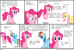 Size: 735x500 | Tagged: safe, artist:thelastgherkin, imported from derpibooru, fluttershy, pinkie pie, rainbow dash, earth pony, pegasus, pony, comic, dinosaur comics, female, fourth wall, imminent kissing, lesbian, pinkiedash, shipping, ventriloquism