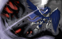 Size: 1920x1200 | Tagged: safe, artist:acharmingpony, imported from derpibooru, princess luna, pony, armor, female, laser, magic, solo, wing armor