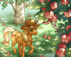 Size: 800x640 | Tagged: safe, artist:celesse, imported from derpibooru, applejack, apple, apple tree, cottagecore, female, mare, orchard, solo, straw in mouth, tree