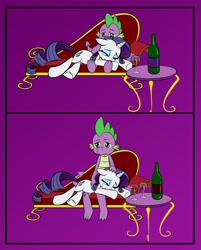 Size: 1158x1441 | Tagged: safe, artist:pia-sama, artist:voodoogecko, imported from derpibooru, rarity, spike, pony, unicorn, comic, crying, drinking alone except with two, female, male, mare, shipping, sparity, straight, wine, wine glass, wip