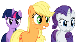 Size: 9970x5500 | Tagged: safe, artist:drfatalchunk, imported from derpibooru, applejack, rarity, twilight sparkle, earth pony, pony, unicorn, swarm of the century, absurd resolution, angry, female, hatless, mare, missing accessory, simple background, transparent background, trio, unicorn twilight, vector