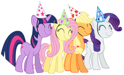 Size: 8000x4816 | Tagged: safe, artist:are-you-jealous, imported from derpibooru, applejack, fluttershy, rarity, twilight sparkle, party of one, absurd resolution, eyes closed, happy, hat, party hat, simple background, smiling, transparent background, vector