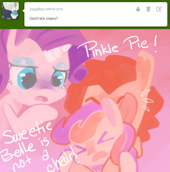 Size: 642x649 | Tagged: dead source, safe, artist:dhui, imported from derpibooru, pinkie pie, rarity, sweetie belle, licking, tired pie, tongue out