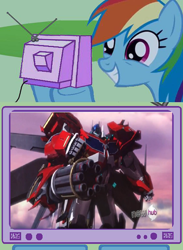 Size: 876x1200 | Tagged: safe, imported from derpibooru, rainbow dash, beast hunters, exploitable meme, hub logo, minigun, optimus prime, transformers, transformers prime, tv meme