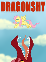 Size: 600x792 | Tagged: safe, artist:cartoonlion, imported from derpibooru, basil, fluttershy, dragon, pegasus, pony, dragonshy, jaws, movie poster, parody