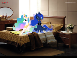 Size: 1024x768 | Tagged: safe, artist:discordfan, imported from derpibooru, princess celestia, princess luna, bed, bedroom, book, brush, brushie, mouth hold, ponies in real life, reading