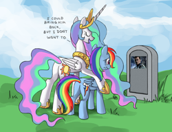 Size: 780x600 | Tagged: safe, imported from derpibooru, princess celestia, rainbow dash, alicorn, pegasus, pony, butt, celestia's grave meme, crysis, ea, exploitable meme, female, implied death, mare, nomad, plot