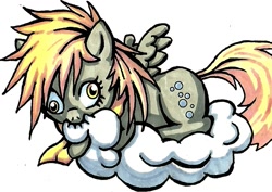 Size: 924x656 | Tagged: safe, artist:ponetron, imported from derpibooru, derpy hooves, biting, chibi, clothes, cloud, cute, filly, foal, nom, scarf