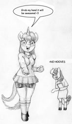 Size: 526x900 | Tagged: safe, artist:darkonix, imported from derpibooru, bon bon, lyra heartstrings, sweetie drops, anthro, bipedal, clothes, duo, monochrome, schoolgirl