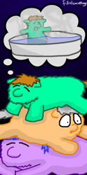 Size: 720x1440 | Tagged: safe, artist:fillialcacophony, imported from derpibooru, fluffy pony, dream, fluff pile, implied pissing, sleeping, wide eyes