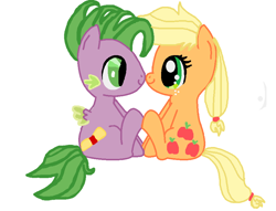 Size: 880x672 | Tagged: safe, artist:gravityfallsponies, imported from derpibooru, applejack, spike, applespike, cute, female, foal, hatless, male, missing accessory, ponified, ponified spike, shipping, species swap, straight