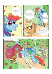 Size: 905x1280 | Tagged: safe, artist:kyokimute, imported from derpibooru, applejack, rainbow dash, earth pony, pegasus, pony, comic:cider showers, appledash, colored, comic, dialogue, female, lesbian, mare, shipping