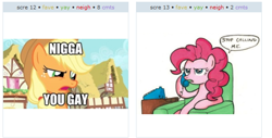 Size: 594x302 | Tagged: safe, imported from derpibooru, applejack, pinkie pie, exploitable meme, juxtaposition, juxtaposition win, nigga, phone, vulgar