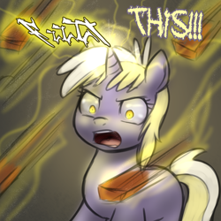 Size: 750x750 | Tagged: safe, imported from derpibooru, dinky hooves, pony, angry, brick, cropped, female, magic, rage, solo, tumblr, upset