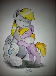 Size: 500x669 | Tagged: safe, artist:queridoor, imported from derpibooru, derpy hooves, dinky hooves, pegasus, pony, equestria's best mother, female, hug, mare, traditional art