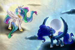 Size: 1024x683 | Tagged: safe, artist:tzelly-el, imported from derpibooru, princess celestia, princess luna, alicorn, pony, cloud, duo, female, glowing eyes, mare, moon, sky, sun