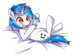 Size: 900x664 | Tagged: safe, artist:hua, imported from derpibooru, dj pon-3, vinyl scratch, pony, unicorn, bed, blushing, brush, brushable, female, figure, kamina sunglasses, lying down, mare, on back, open mouth, simple background, smiling, solo, toy, white background