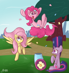 Size: 1521x1600 | Tagged: safe, artist:strangemoose, imported from derpibooru, fluttershy, pinkie pie, twilight sparkle, earth pony, pegasus, unicorn, horn, party cannon, pony cannonball, unicorn twilight, wings