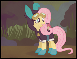 Size: 3994x3100 | Tagged: safe, artist:balloons504, imported from derpibooru, fluttershy, bird, pegasus, pony, bunny ears, clothes, dangerous mission outfit, female, goggles, hoodie, mare, open mouth, solo