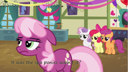 Size: 1401x788 | Tagged: safe, edit, edited screencap, imported from derpibooru, screencap, apple bloom, cheerilee, scootaloo, sweetie belle, hearts and hooves day (episode), cutie mark crusaders, floppy ears, frown, hearts and hooves day, insane pony thread, ponyville schoolhouse