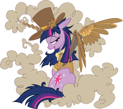 Size: 5122x4531 | Tagged: safe, artist:beyondequestria, artist:pashapup, imported from derpibooru, twilight sparkle, alicorn, pony, unicorn, absurd resolution, artificial wings, augmented, clothes, female, hat, mare, simple background, smoke, solo, steampunk, top hat, transparent background, unicorn twilight, vector, wings