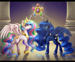 Size: 1000x833 | Tagged: safe, artist:metalpandora, imported from derpibooru, princess celestia, princess luna, pony, beautiful, duo, elements of harmony, royal sisters, watermark