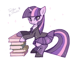 Size: 600x510 | Tagged: safe, artist:ezoisum, imported from derpibooru, twilight sparkle, pony, book, clothes, female, school uniform, schoolgirl, skirt, solo, stockings