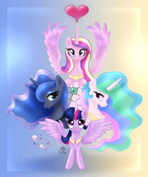 Size: 1670x2000 | Tagged: safe, artist:joakaha, imported from derpibooru, princess cadance, princess celestia, princess luna, twilight sparkle, alicorn, pony, alicorn tetrarchy, female, mare, sisters-in-law, twilight sparkle (alicorn)