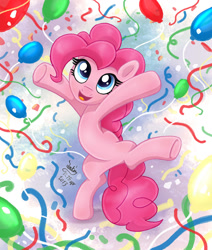 Size: 1100x1300 | Tagged: safe, artist:joakaha, imported from derpibooru, pinkie pie, earth pony, pony, balloon, bipedal, confetti, cute, diapinkes, female, mare, open mouth, solo, streamers