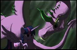 Size: 1080x702 | Tagged: safe, artist:dragmodnotloc, imported from derpibooru, spike, twilight sparkle, alicorn, dragon, pony, adult spike, duo, female, green background, male, mare, older, older spike, simple background, spikezilla, twilight sparkle (alicorn)