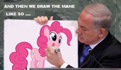 Size: 640x369 | Tagged: safe, imported from derpibooru, pinkie pie, human, benjamin netanyahu, image macro, irl, israel, meme