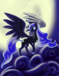 Size: 600x777 | Tagged: safe, artist:aperraglio, imported from derpibooru, princess luna, pony, backlighting, cloud, cloudy, female, moon, solo