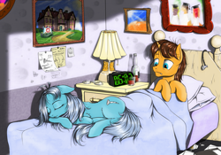Size: 1285x900 | Tagged: safe, artist:madhotaru, imported from derpibooru, doctor horse, doctor stable, screw loose, earth pony, pony, bed, bedroom, cute, duo, female, male, morning ponies, sleeping