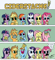 Size: 2529x2781 | Tagged: safe, artist:redapropos, imported from derpibooru, applejack, fluttershy, pinkie pie, rainbow dash, rarity, twilight sparkle, cider, ciderstache, comic, drink, drinking straw, drinking through a straw, mane six, moustache