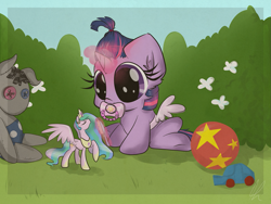 Size: 2263x1700 | Tagged: safe, artist:lolepopenon, imported from derpibooru, princess celestia, smarty pants, twilight sparkle, pony, unicorn, alternate hairstyle, baby, baby pony, babylight sparkle, ball, big ears, big eyes, brushie, car, cute, doll, fake wings, female, filly, fluffy, foal, magic, pacifier, pinklestia, sitting, solo, sweet dreams fuel, telekinesis, toy car, twiabetes, weapons-grade cute